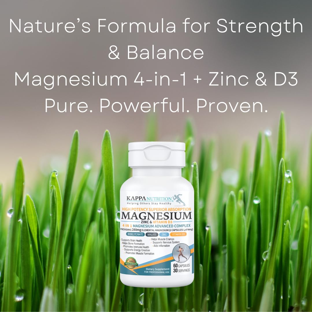 Kappa Nutrition Magnesium 4-in-1, 280mg Elemental Magnesium (Bisglycinate, Malate) + Zinc & Vitamin D3, Brain, Sleep, Energy, Muscle, Immune Support, 60 Vegan Capsules. KAPPA NUTRITION uk supplements