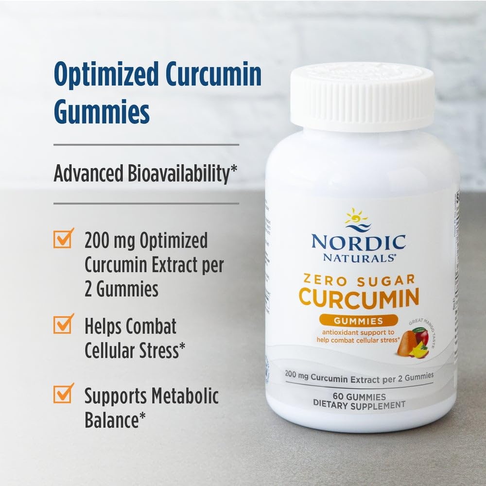 Nordic Naturals Zero Sugar Curcumin Gummies, Mango - 60 Gummies - 200 mg Optimized Curcumin Extract - Great Taste - Antioxidant Support, Healthy Metabolic Balance - Non-GMO, Vegan - 30 Servings Nordic Naturals uk supplements