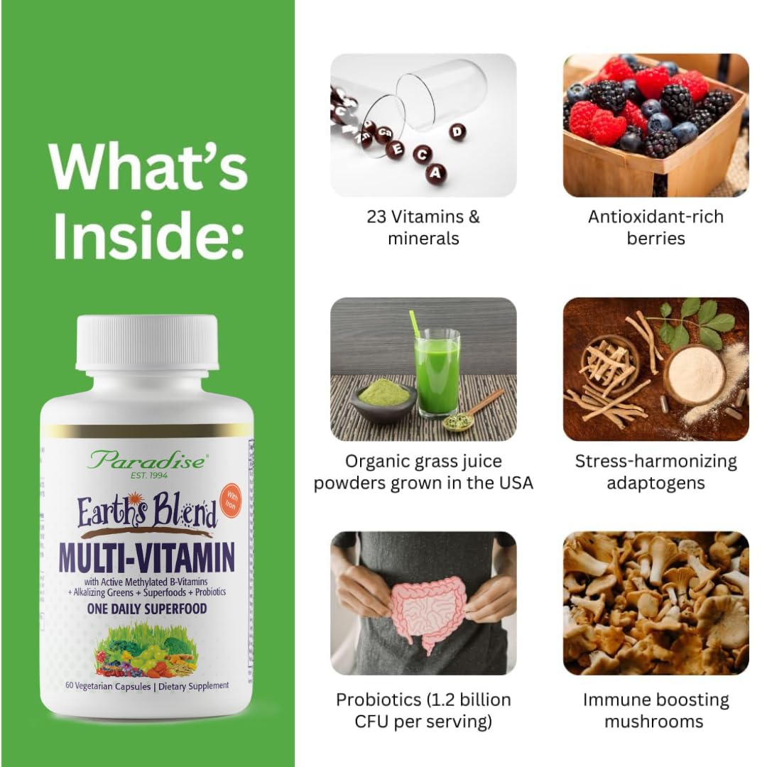 Paradise Herbs Earth's Blend Once Daily Multivitamin with Iron, 48 Organic Superfoods, Probiotics, Antioxidants, Vitamins A, B12, C, D, K2, 60 Capsules Paradise Herbs uk supplements