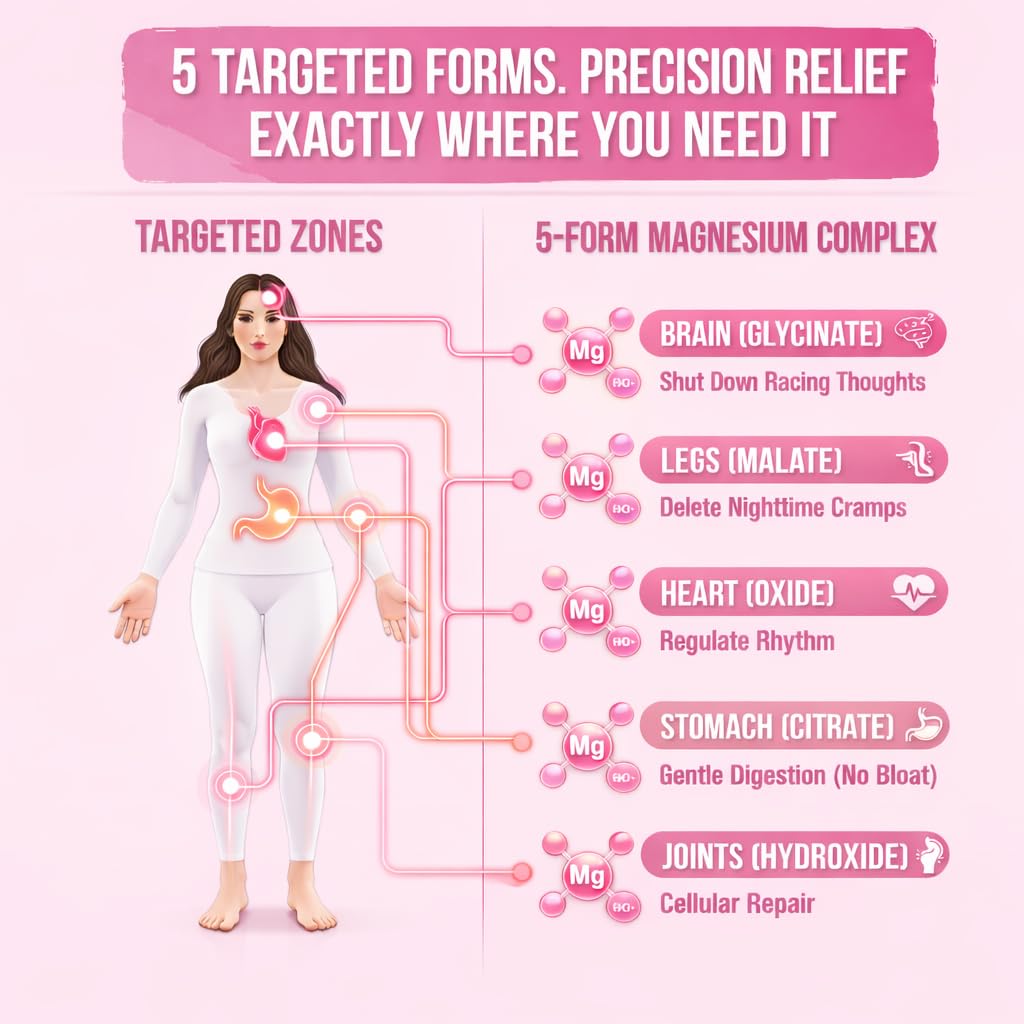 Magnesium Complex for Women – Spectrum 5-Form Magnesium Complex (500 mg), High Absorption Glycinate, Citrate, Oxide & Malate – Vegan, Non-GMO Supports Sleep, Energy, Hormone & Bone – 60 Capsules GlowTrue uk supplements