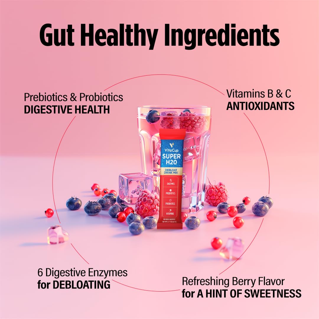 VitaCup Super H2O Bloating Relief and Digestive Health Drink Mix Packets, Probiotics, Prebiotics, C & B Vitamins, Mixed Berry Flavor Water Enhancer Packets, 16Ct VitaCup uk supplements