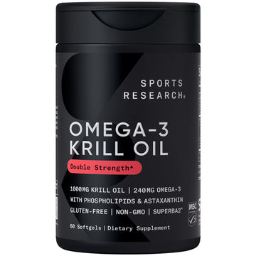 Sports Research® Omega-3 Krill Oil 1000mg - Pure Antarctic Superba Krill with Phospholipids, Choline & Astaxanthin - MSC Certified Sustainable · Non-GMO · Gluten Free - 60 Softgels Sports Research uk supplements