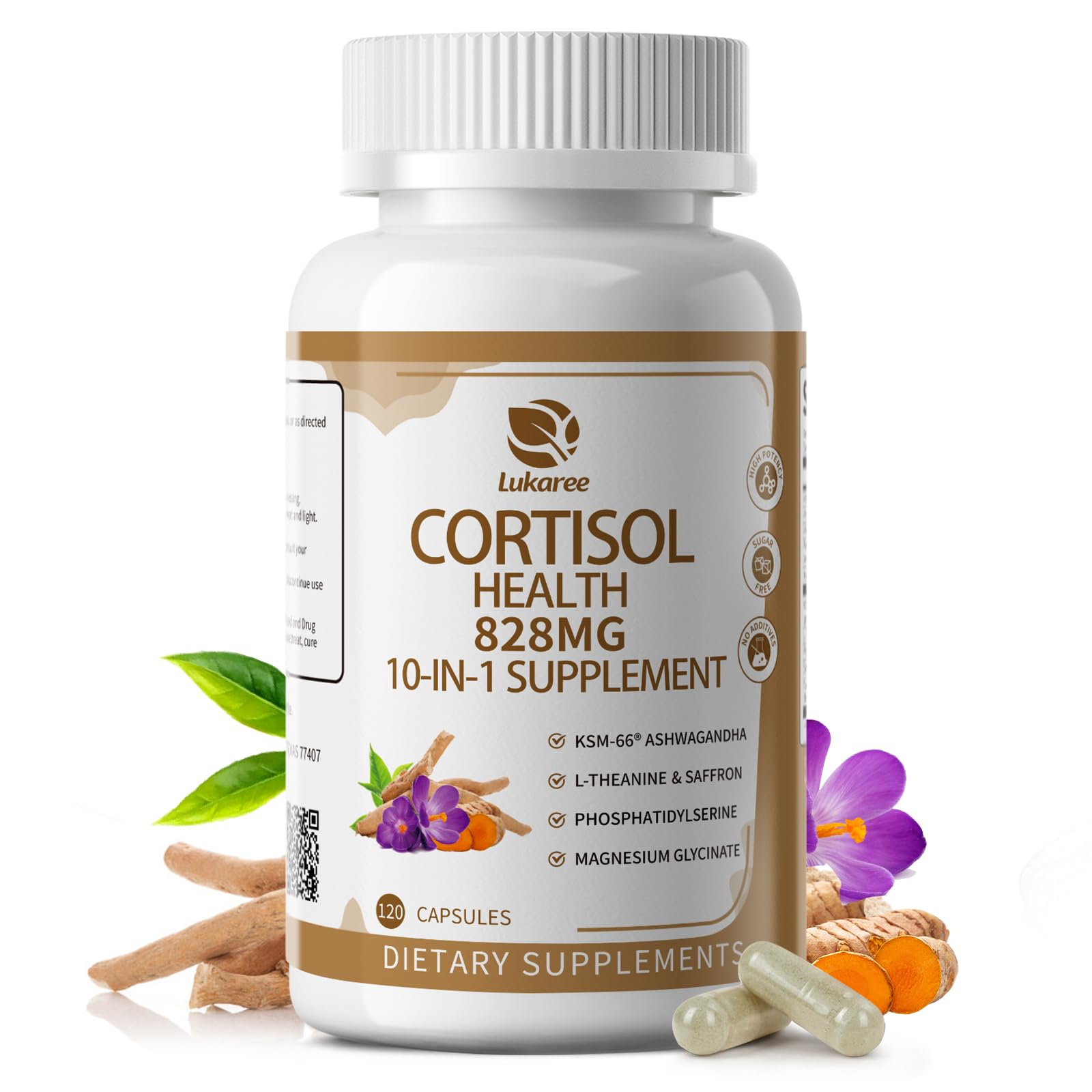 10-IN-1 Cortisol Supplements w/ KSM-66® Ashwagandha 300mg + L-Theanine 250mg, Magnesium Glycinate, Saffron, Phosphatidylserine, Turmeric & Vitamin C D3 B6 B5, For Women Men, 120 Capsules 60-Day Supply Lukaree uk supplements