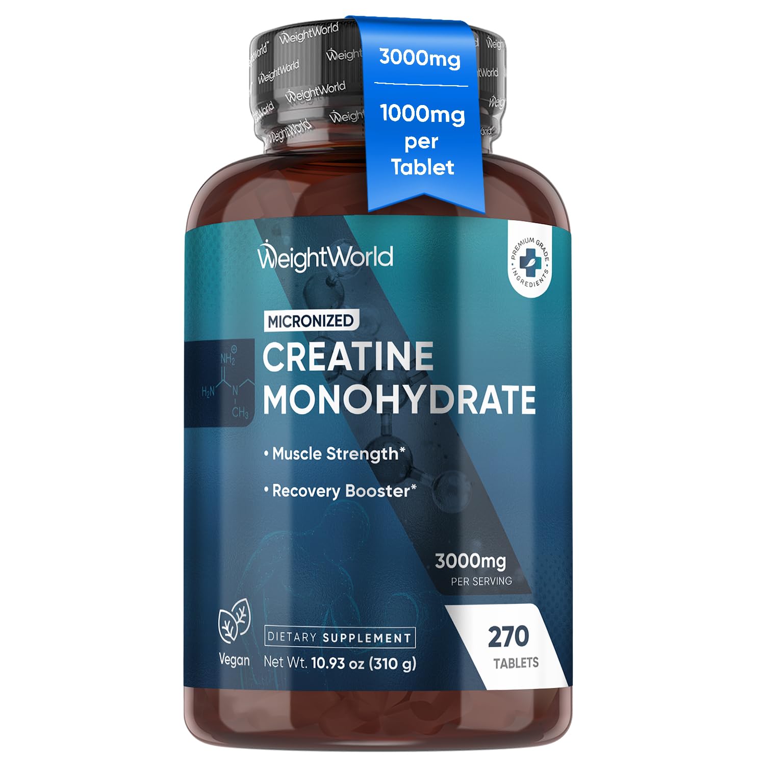 WeightWorld Micronized Creatine Monohydrate 3000mg Vegan Tablets | Muscle Strength & Recovery Booster | 3 Months Supply - 270 Tabs | Creatine for Women & Men | Non-GMO, Gluten-Free | 3 Tablets a Day WeightWorld uk supplements