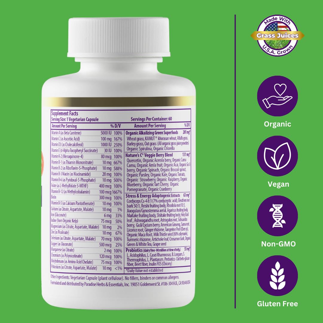 Paradise Herbs Earth's Blend Once Daily Multivitamin with Iron, 48 Organic Superfoods, Probiotics, Antioxidants, Vitamins A, B12, C, D, K2, 60 Capsules Paradise Herbs uk supplements