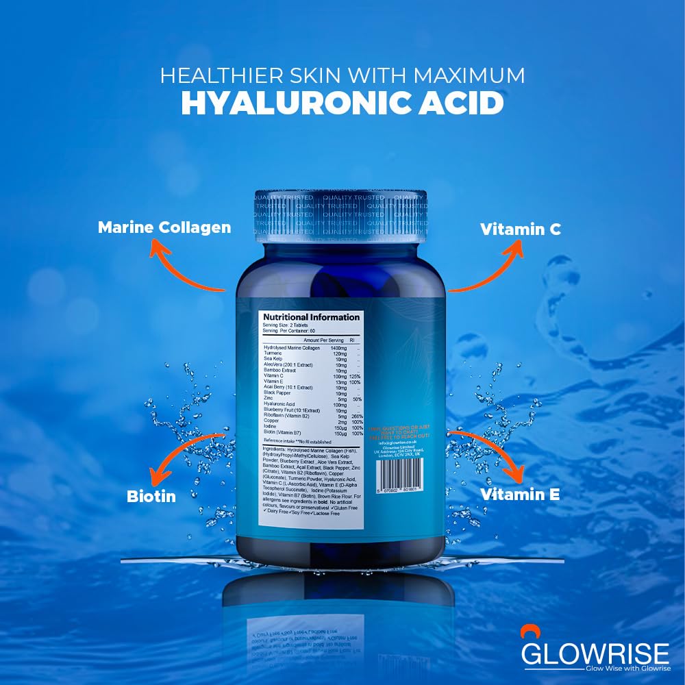 Pure Marine Collagen 120 Tablets 1400mg - Premium Blend with Hyaluronic Acid, Biotin, Vitamin C & E GLOWRISE uk supplements