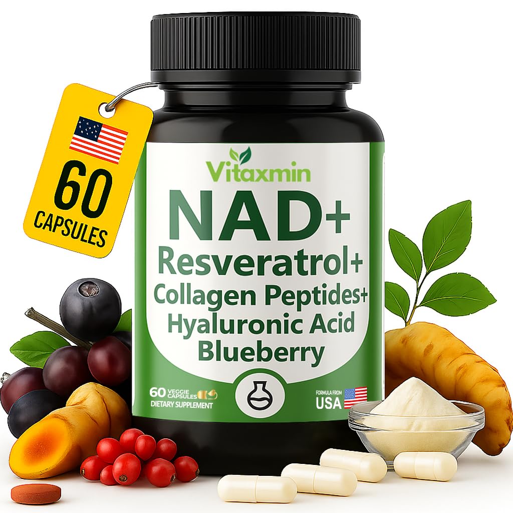vitaxmin NAD Resveratrol Supplement 200mg with Berberine NAC Collagen - Nicotinamide Riboside NMN NADH CoQ10 Biotin Hyaluronic Acid - Hair Skin Nails Supplement - 60 Capsules vitaxmin uk supplements