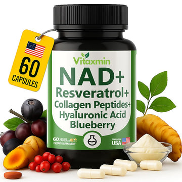 vitaxmin NAD Resveratrol Supplement 200mg with Berberine NAC Collagen - Nicotinamide Riboside NMN NADH CoQ10 Biotin Hyaluronic Acid - Hair Skin Nails Supplement - 60 Capsules vitaxmin uk supplements