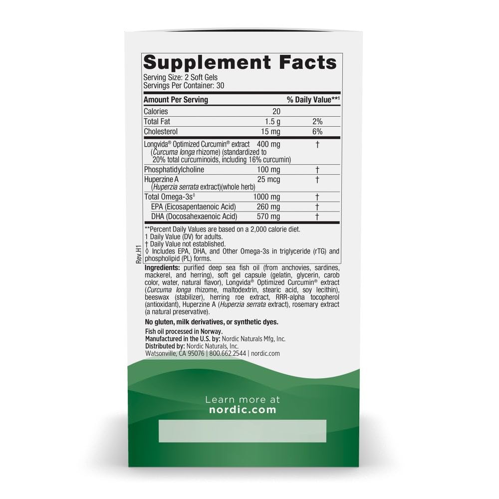 Nordic Naturals Memory Support with Curcumin - 60 Soft Gels - 1000 mg Omega-3 + 400 mg Optimized Curcumin - Memory, Cognition - Contains Phosphatidylcholine & Huperzine A - Non-GMO - 30 Servings Nordic Naturals uk supplements