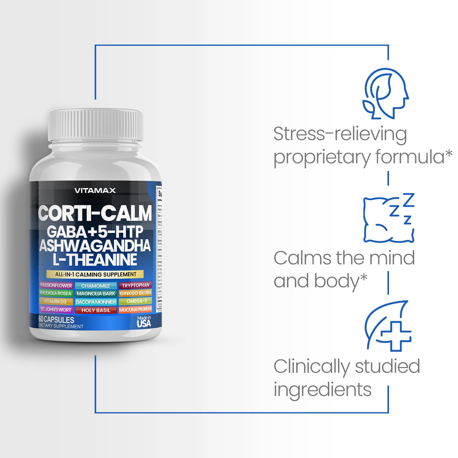 Corti-Calm Cortisol Supplement, L Theanine, Ashwagandha, Vitamin D 3, GABA for Relaxation, Fatigue & Focus with Ginkgo Biloba, Bacopa Monnieri, 5-HTP – Non-GMO, Made in USA – 60ct Vitamax uk supplements