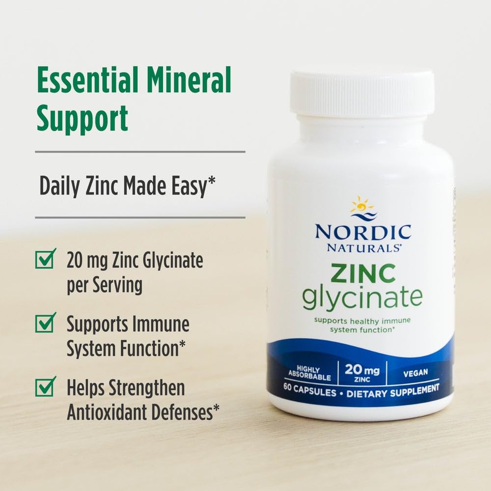 Nordic Naturals Zinc Glycinate - 60 Capsules - 20 mg Highly Absorbable Zinc Glycinate - Optimal Wellness - Non-GMO, Gluten Free, Vegan - 60 Servings Nordic Naturals uk supplements