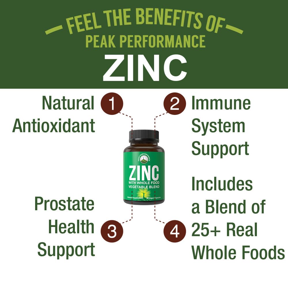 Vegan Zinc Supplement with Vitamin C + Whole Food Blend of 25 Vegetables and Fruits for Max Absorption. Zinc Supplements 30mg Capsules, Pills, Tablets, Vitamins for Adults Both Men and Women Peak Performance uk supplements