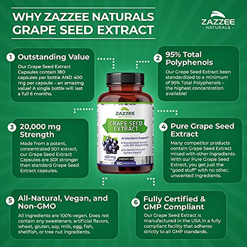 Zazzee High Strength Grape Seed 50:1 Extract, 20,000 mg Strength, 180 Vegan Capsules Zazzee uk supplements
