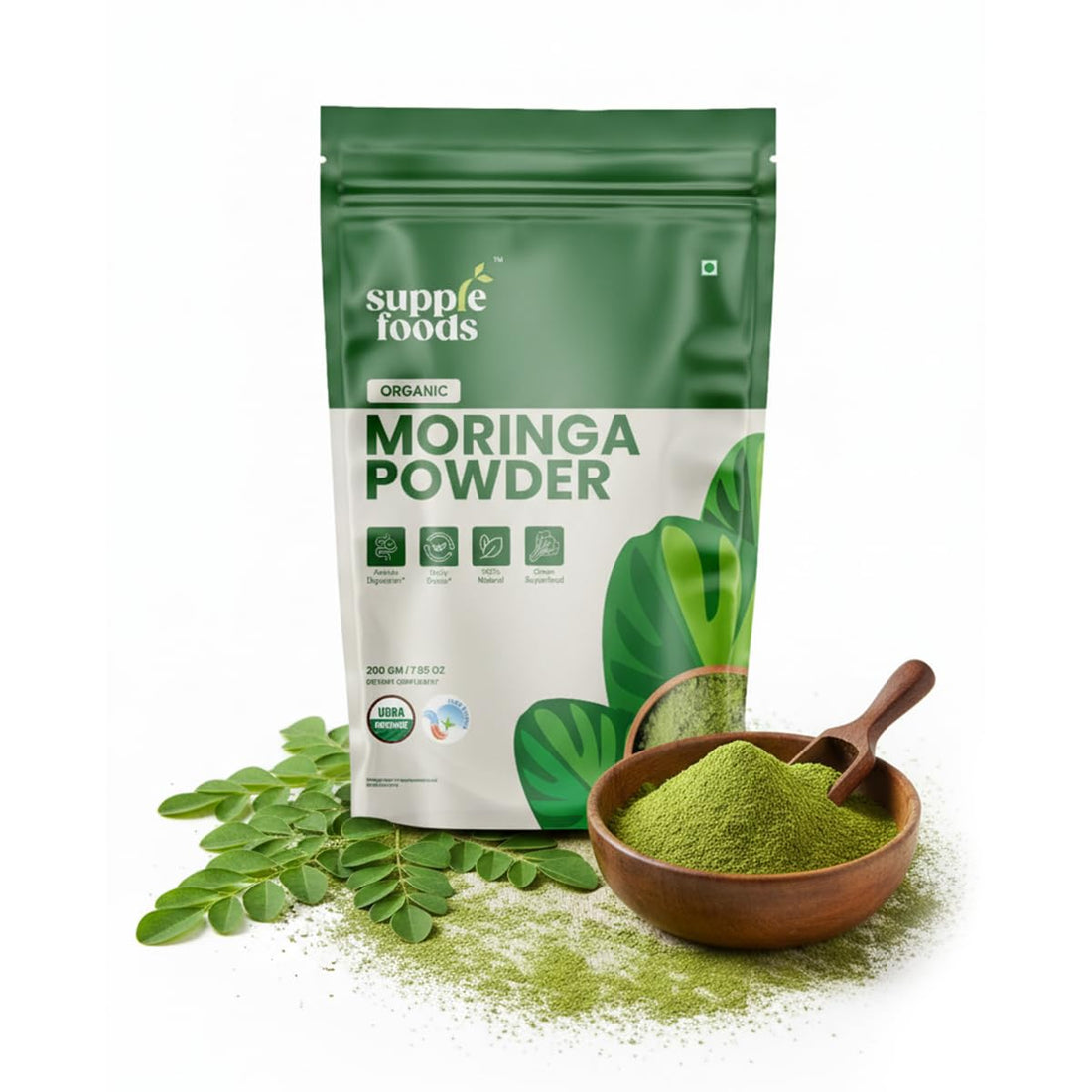 supplefoods Organic Moringa Powder 200 g / 7.05 oz | 100% Natural Green Superfood | Assists Digestion & Daily Detox | Finely Milled Moringa Leaf Powder | USDA Certified Organic Dietary Supplement supplefoods uk supplements