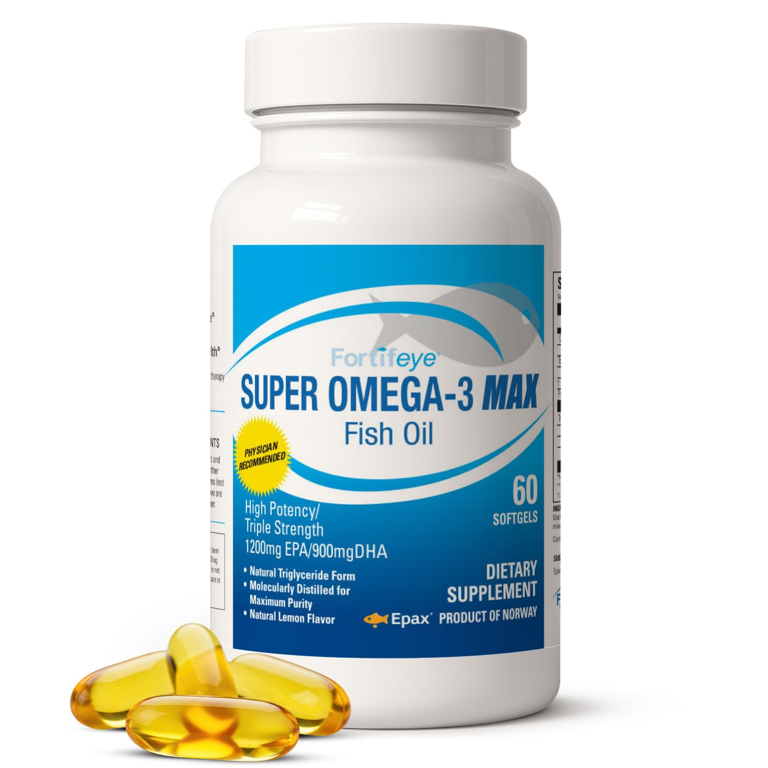 Super Max Omega-3 Fish Oil 2400 mg 30 Days, 60 Capsules - High Potency Fish Oil Omega 3 Supplements for Women & Men, Triglyceride Form with EPA and DHA Supplements No Fishy After Taste Lemon Flavor Fortifeye Vitamins uk supplements