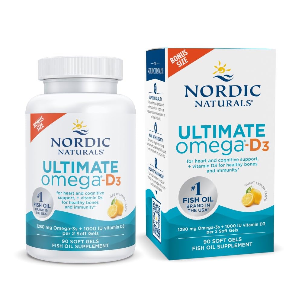 Nordic Naturals Ultimate Omega-D3, Lemon Flavor - 90 Soft Gels - 1280 mg Omega-3 + 1000 IU Vitamin D3 - EPA & DHA - Promotes Brain, Heart, & Immune Health - 45 Servings Nordic Naturals uk supplements