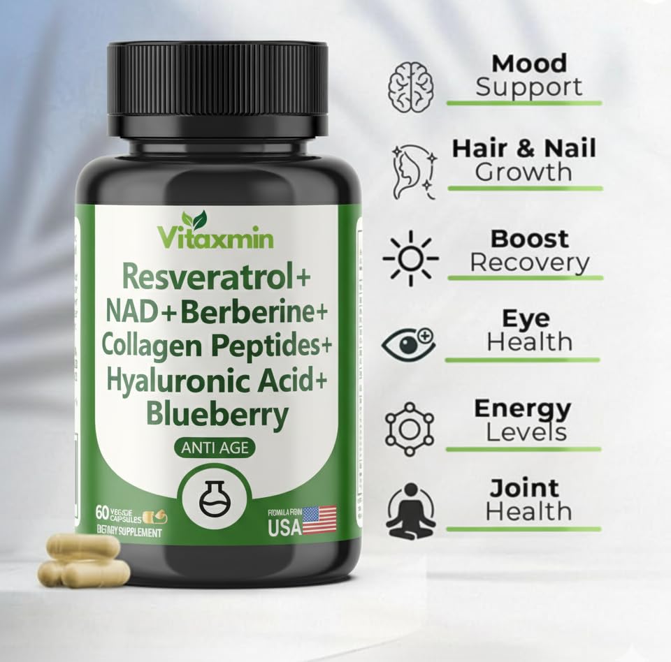 vitaxmin NAD Resveratrol Supplement 200mg with Berberine NAC Collagen - Nicotinamide Riboside NMN NADH CoQ10 Biotin Hyaluronic Acid - Hair Skin Nails Supplement - 60 Capsules vitaxmin uk supplements