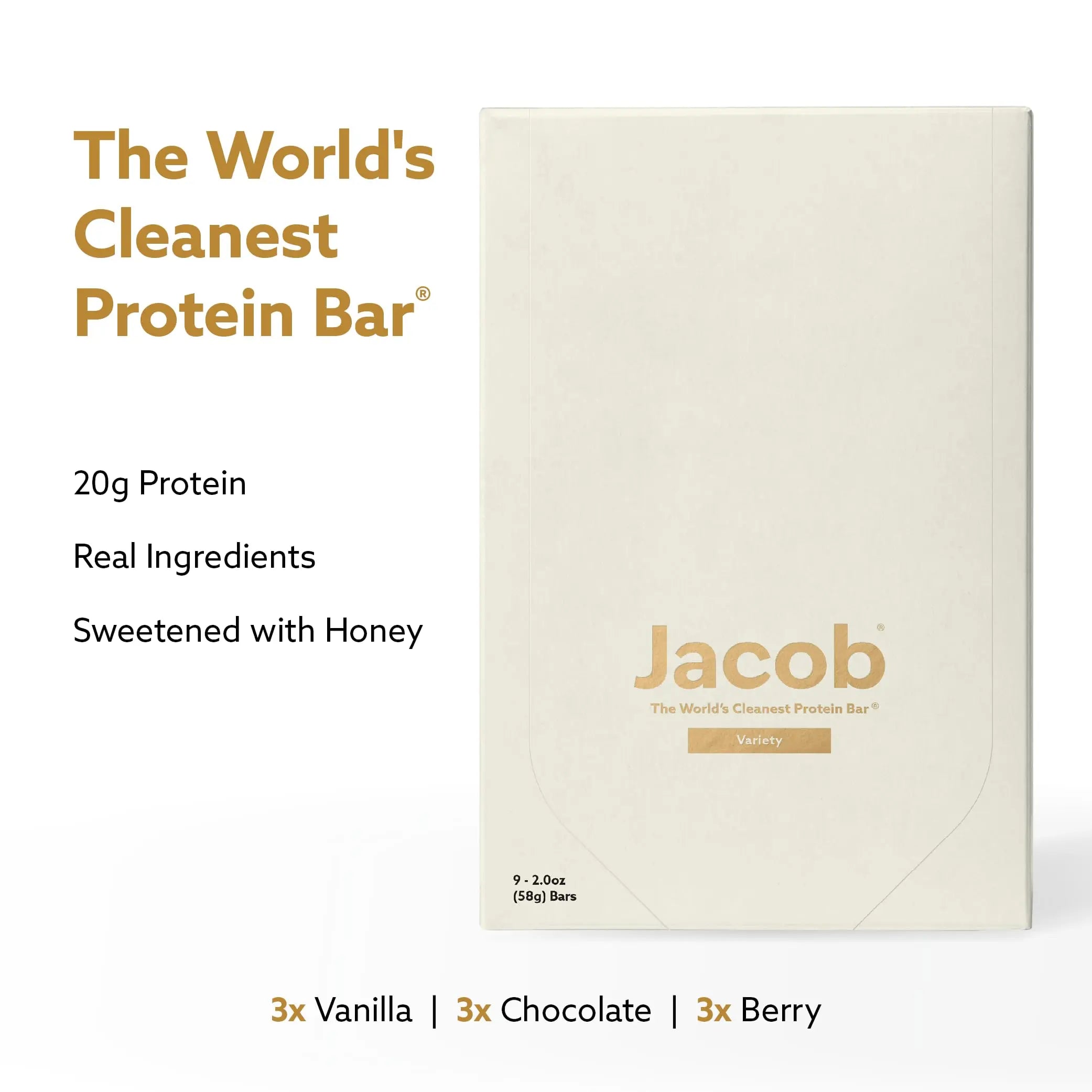 Jacob Bar, Protein Bars, Variety Pack (9 Bars Total) Contains 3 of Each; Chocolate, Vanilla, Berry - 20g Grass-Fed Protein, No Seed Oils, Nothing Artificial Jacob uk supplements