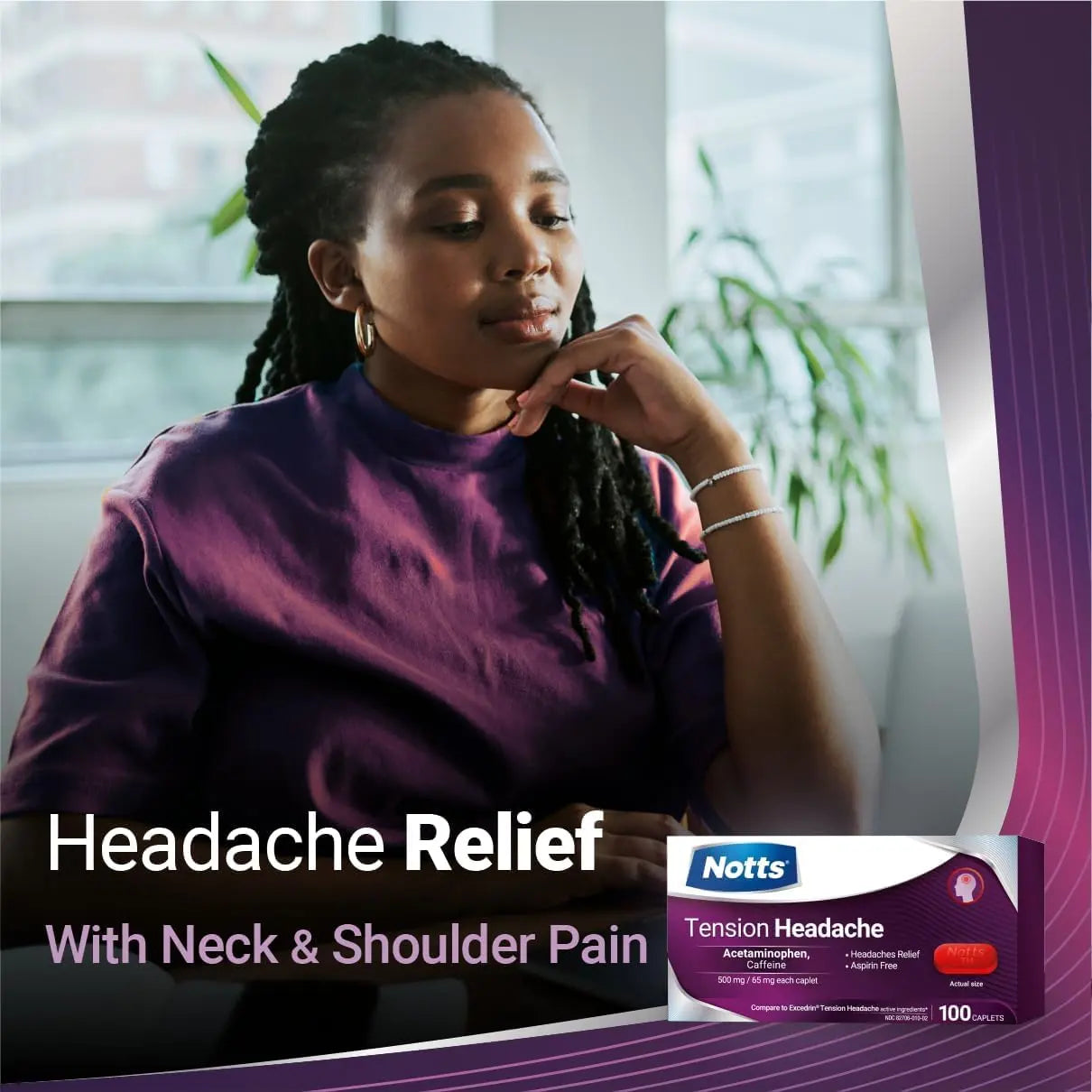 NOTTS Tension Headache Relief Without Aspirin for Head, Neck & Shoulder Pain - 100 Count, Acetaminophen 500 mg Caffeine 65 mg Caplets, for Aches Caused by Tension and Stress. Headache Relief caplets NOTTS uk supplements