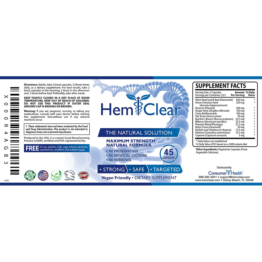 HemClear for Hemorrhoids - Vegan, 100% Natural Formula for Hemorrhoid Relief & Vascular Health - Maximum Strength 1 Bottle Hemclear uk supplements