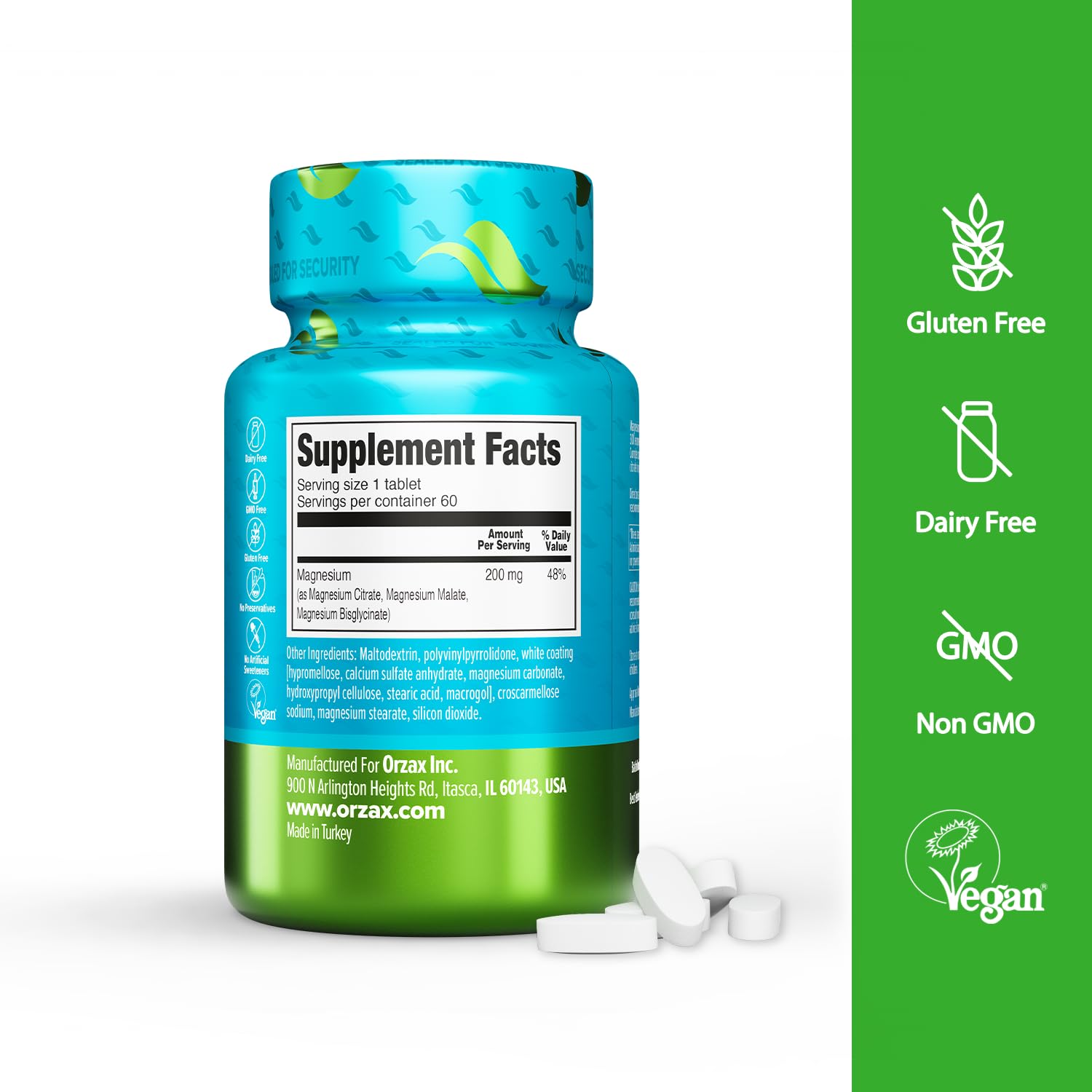 ORZAX Magnesium Triple Complex | Magnesium Glycinate, Citrate, Malate | Vegan, Gluten Free, Dairy Free, Halal | 200 mg of Triple Complex Magnesium for Muscles & Energy for Women and Men | 60 Tablets ORZAX uk supplements