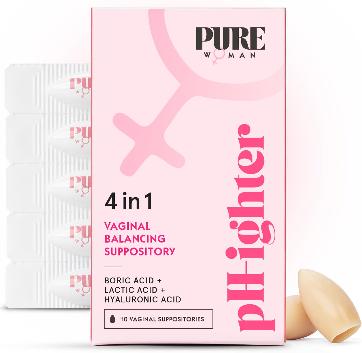 PURE WOMAN - pH-ighter Vaginal Boric Acid Suppositories for Women - Hyaluronic Acid - 4 in 1 Vaginal Suppositories for Discomfort, Dryness, Odor & pH Balance- Full Vaginal Health Care - 10ct PURE WOMAN uk supplements