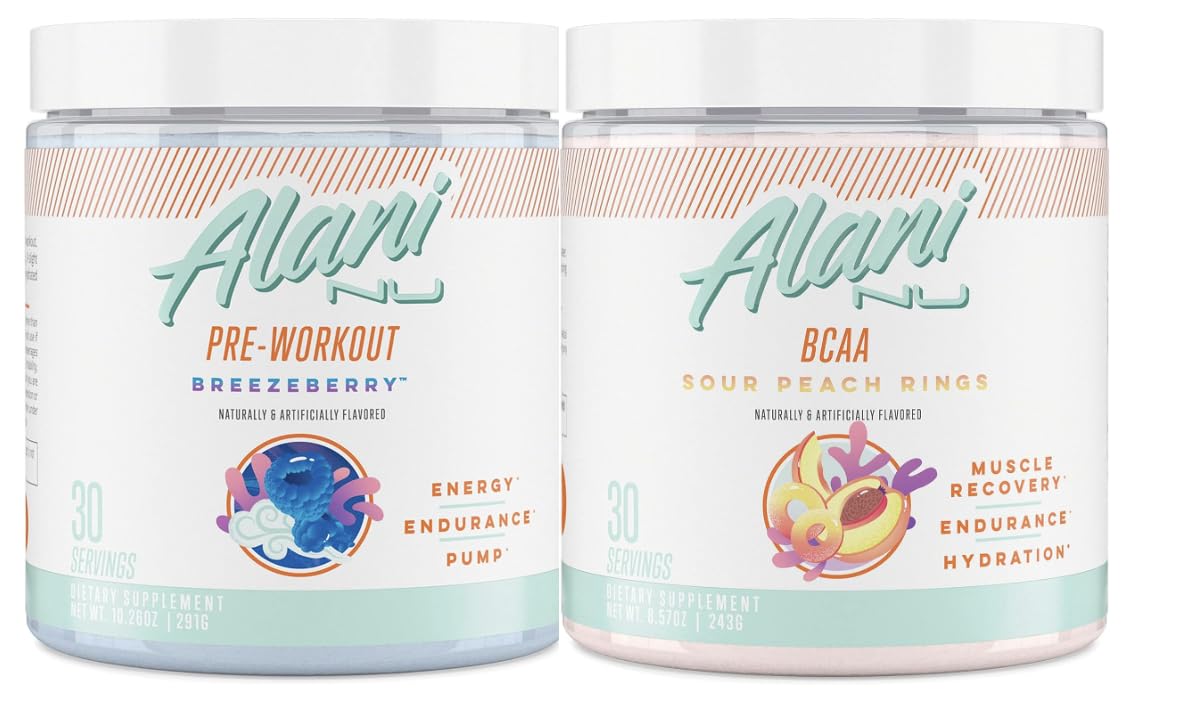 Alani Nu Breezeberry Pre Workout and BCAA Sour Peach Rings Post Workout Powder Alani Nu uk supplements