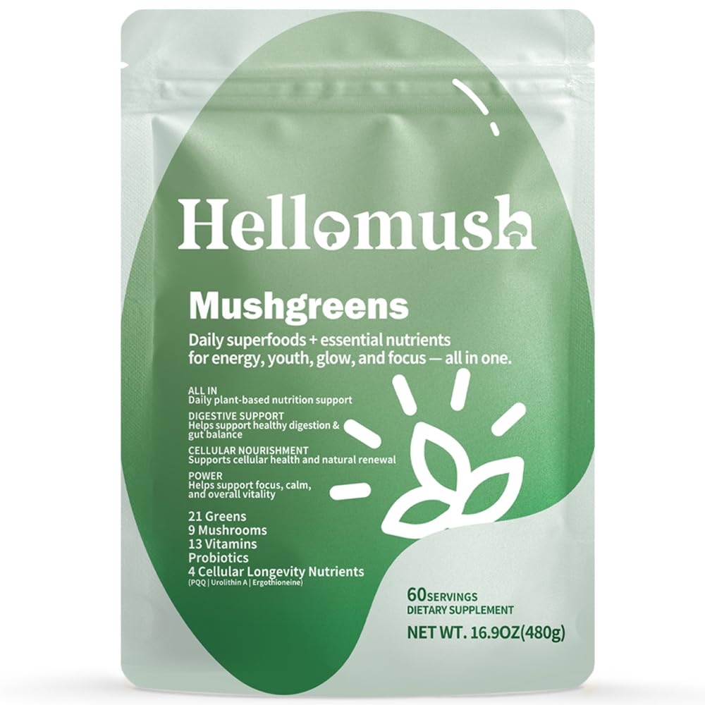 Hellomush Super Greens Powder Superfood, Daily Green Powder Supplement with Probiotics Drink Mix for Men & Women, Blend of Greens, Mushrooms, Vitamins, Probiotics and Cellular Nutrients Hellomush uk supplements