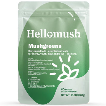 Hellomush Super Greens Powder Superfood, Daily Green Powder Supplement with Probiotics Drink Mix for Men & Women, Blend of Greens, Mushrooms, Vitamins, Probiotics and Cellular Nutrients Hellomush uk supplements