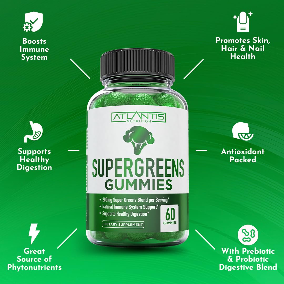Atlantis Nutrition Supergreens Gummies - Daily Green Superfoods Supplement with Spinach, Broccoli, Moringa, Beet Root, Celery, Green Tea, & Acai for Immunity Support - Natural Raspberry Flavor, 60 cnt Atlantis Nutrition uk supplements