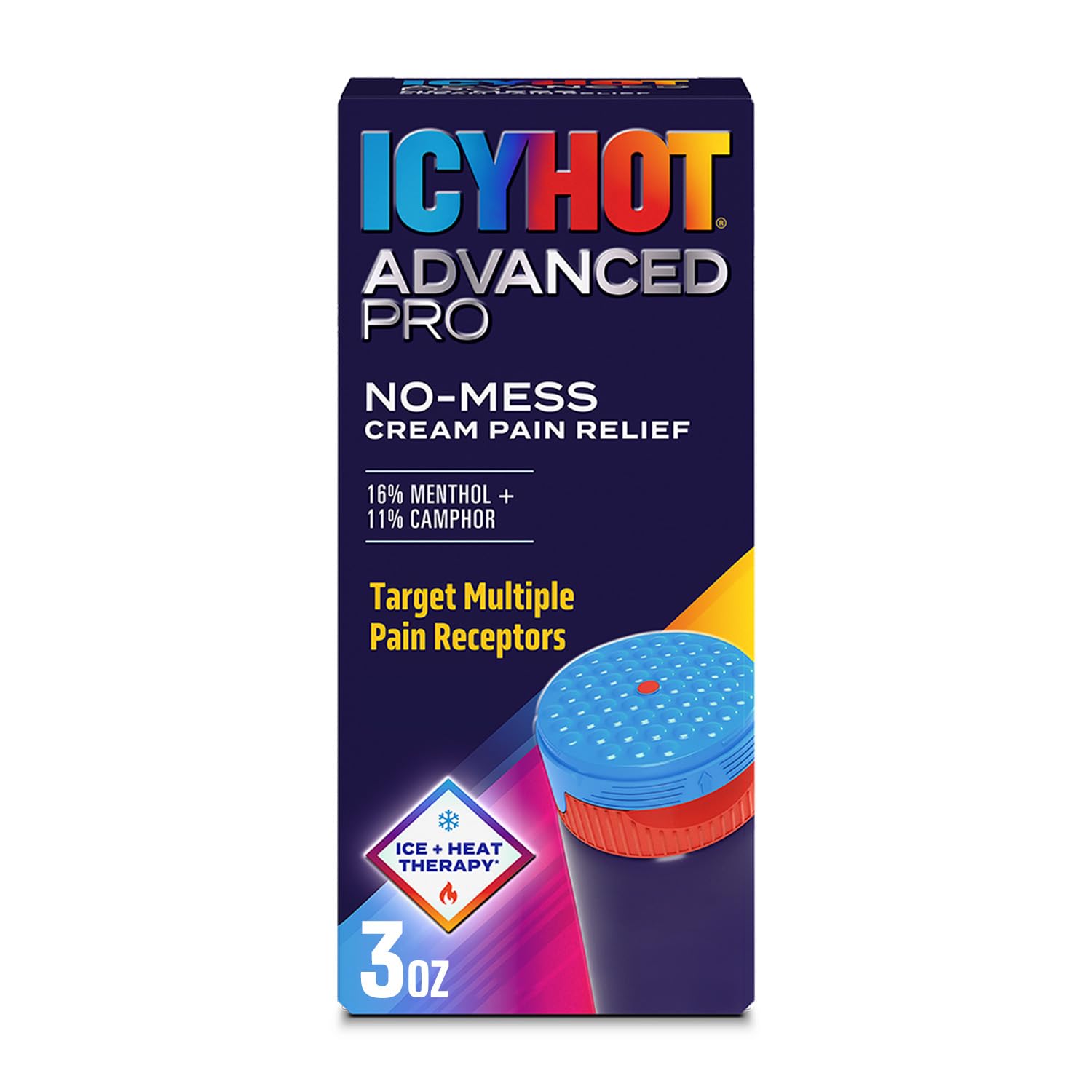 Icy Hot Advanced PRO Pain Relief No-Mess Cream with Massaging Applicator, Max Strength Pain Relief with Menthol 16% and Camphor 11% for Backaches, Joints, Muscle Strains and Arthritis, 3 oz Icy Hot uk supplements