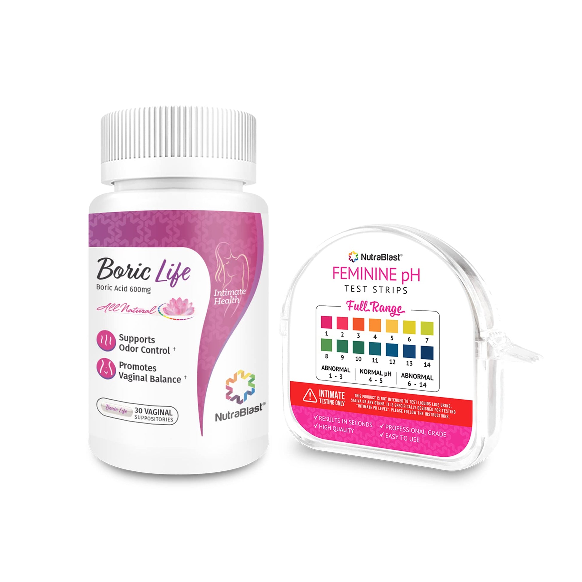 NutraBlast Boric Acid Vaginal Suppositories 600mg (30 Count) & Feminine pH Test Strips 1-14 (100-Tests Roll) | Monitor Feminine Intimate Health | Acidity & Alkalinity Balance NutraBlast uk supplements