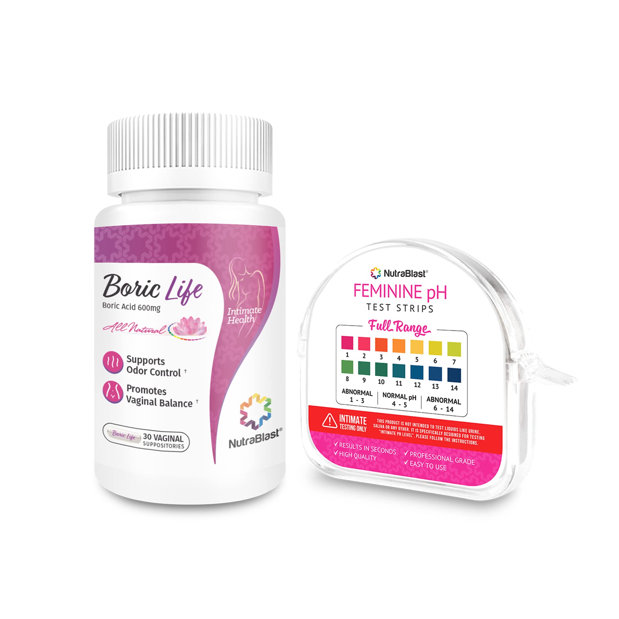 NutraBlast Boric Acid Vaginal Suppositories 600mg (30 Count) & Feminine pH Test Strips 1-14 (100-Tests Roll) | Monitor Feminine Intimate Health | Acidity & Alkalinity Balance NutraBlast uk supplements