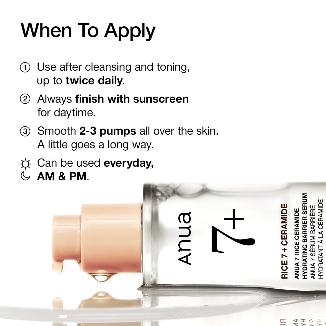 Anua Rice Ceramide 7 Hydrating Barrier Serum, Moisturizing Face Serum, Non-comodogenic, Hyaluronic Acid, Niacinamide, Lightweight, Fragrance Free, Sensitive Dry Skin, Korean Skincare, 1.69 fl oz ANUA uk supplements