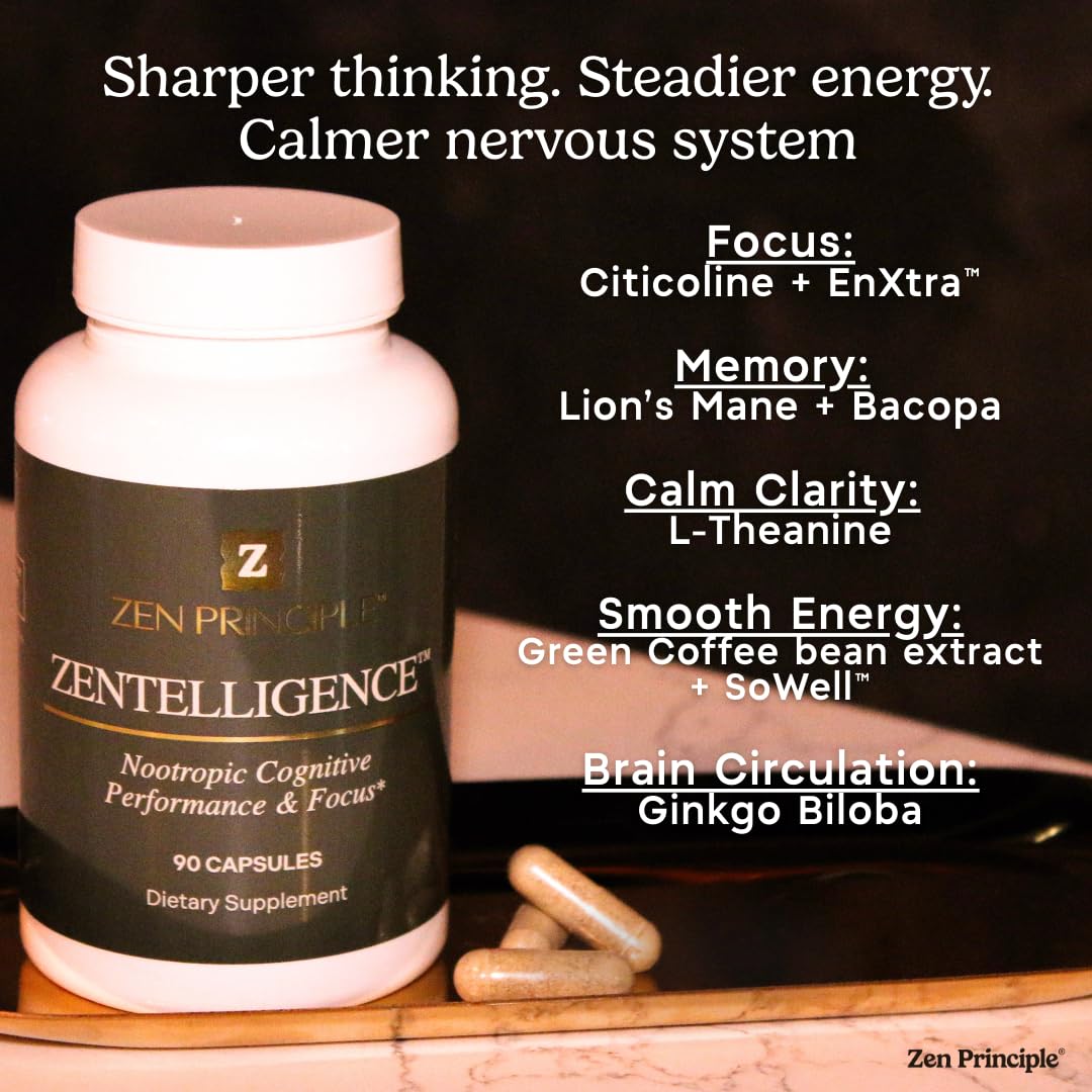 Zen Principle Zentelligence™ Focus Nootropic Supplement for Students & Professionals | Energy, Memory & Stress Support | Jitter-Free Formula with L-Theanine, Ginkgo Biloba, Huperzine A. 90 Capsules Zen Principle uk supplements