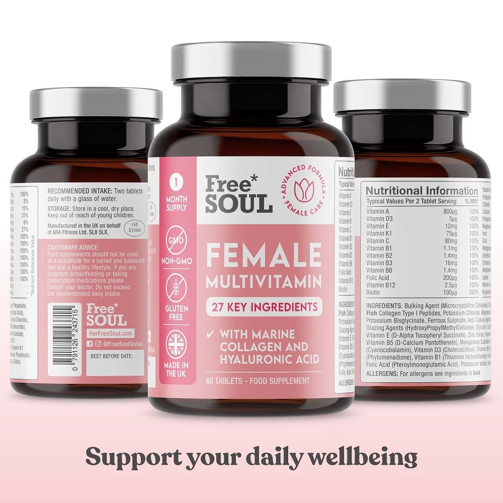 Women's Multivitamins and Minerals with Collagen & Hyaluronic Acid - 27 Essential Free Soul uk supplements