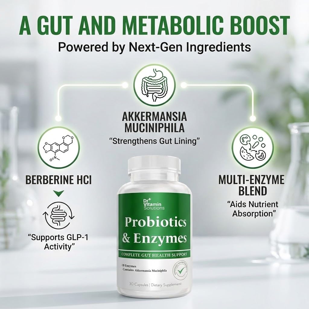 GLP-1 Support Enzymes, Pre & Probiotics for Digestive Health, Berberine Weight Loss Support, Akkermansia Muciniphila for Women & Men | Gut Health, Bloating Relief, 30 Ct DR VITAMIN SOLUTIONS uk supplements