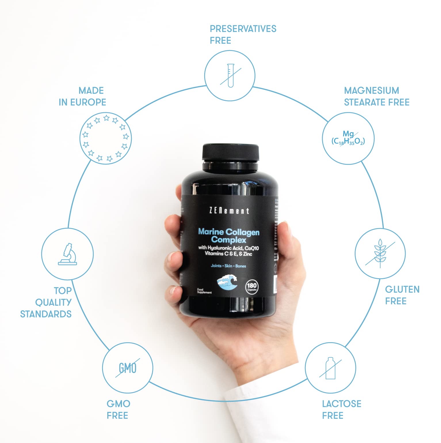Marine Collagen Complex, with Hyaluronic Acid, CoQ10, Vitamins C & E, & Zinc, 180 Capsules Zenement uk supplements