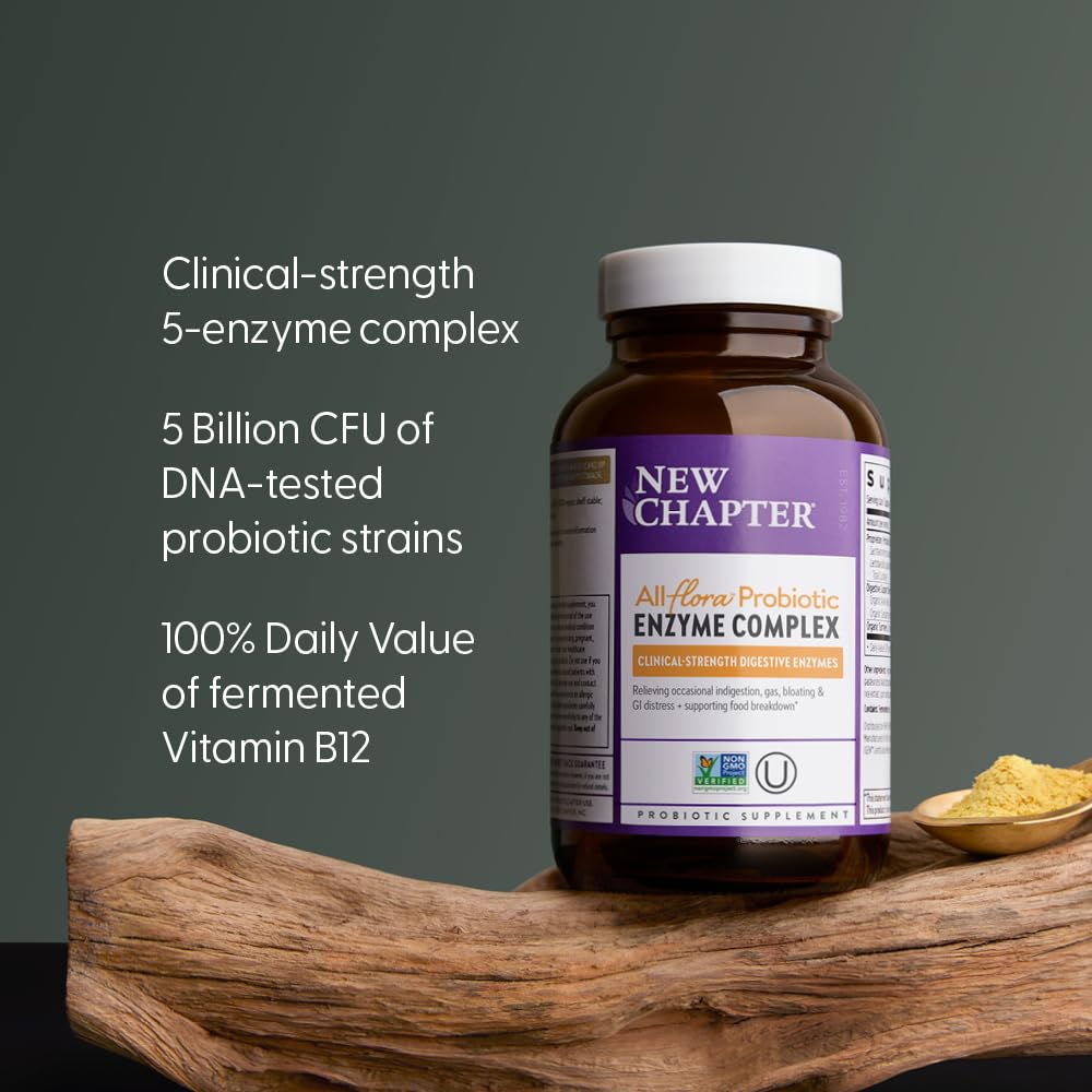 New Chapter All-Flora Enzyme Complex with Probiotics Relieves Bloating & Gas - Clinical-Strength Digestive Enzymes + Ultra-Concentrated Probiotics + Fermented Vitamin B12, 90 Vegan Capsules New Chapter uk supplements