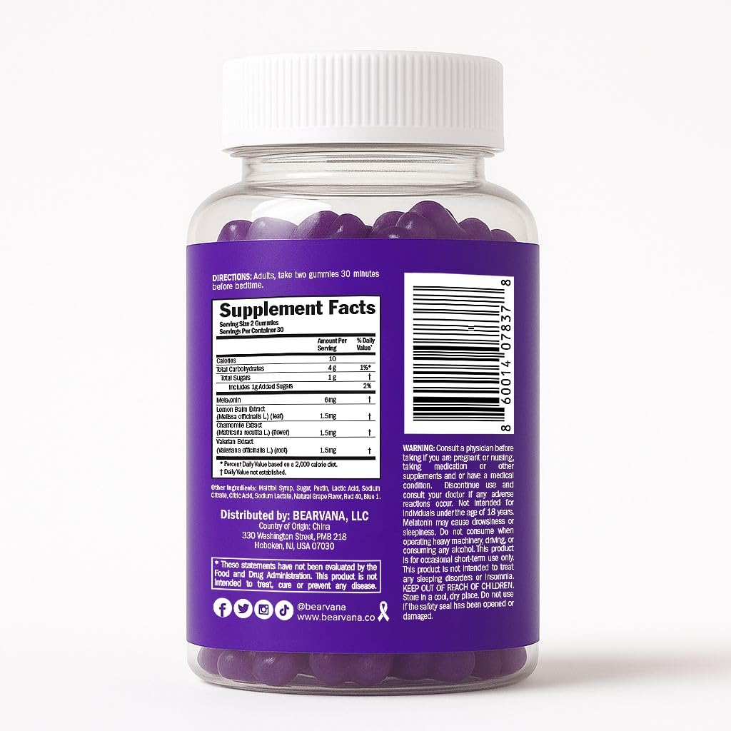 BEARVANA Sleep Gummies with Melatonin | Grape Flavored Vegan Sleep Supplement with Lemon Balm, Chamomile & Valerian Root | Night time Relaxation & Rest Support | 60 Gummies BEARVANA uk supplements