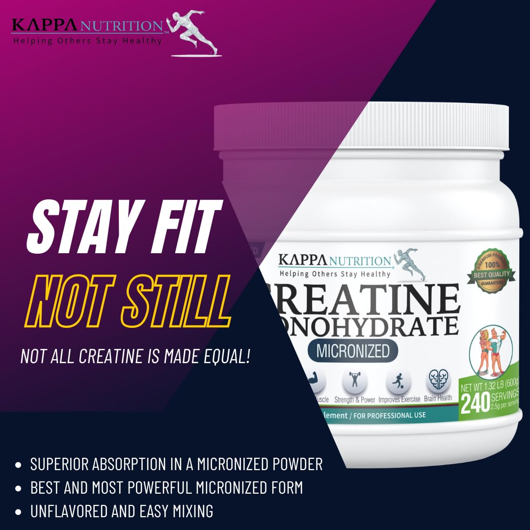 Kappa Nutrition Creatine Monohydrate Powder, Pure Amino Acid Formula, Supports Muscle Strength, Cellular Energy & Mental Focus* Gluten-Free, Keto, 2.25g per Scoop, 240 Servings, Net Wt. 1.32 LB (600g) KAPPA NUTRITION uk supplements
