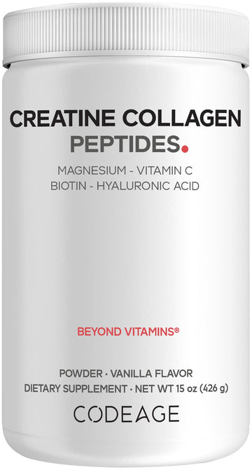 Codeage Creatine Collagen Peptides - Creatine Monohydrate Powder Supplement, Wild-Caught Marine Collagen, Biotin, Magnesium, Vitamin C, Hyaluronic Acid - Vanilla Flavored - Non-GMO - 15 Oz Codeage uk supplements
