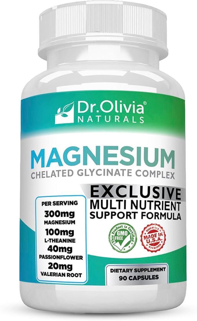 Dr. Olivia Naturals Magnesium Glycinate Complex - L-Theanine, Passionflower & Valerian Root for Sleep Support Supplement, Nerve & Muscle Health, High Absorption - 90 Vegetarian Capsules Dr. Olivia Naturals uk supplements