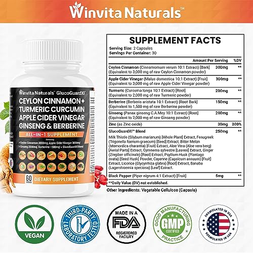 Ceylon Cinnamon 3000mg Apple Cider Vinegar 3000mg Turmeric 2000mg Panax Ginseng Winvita Naturals uk supplements