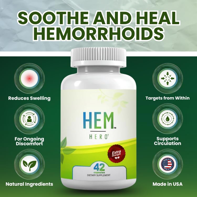 Hem Healer Hem Hero Extra Strength Hemorrhoid Treatment - Reduce Swelling, Soothe Itching & Irritation - 100% Natural - 42 Vegetarian Capsules Hem Healer uk supplements