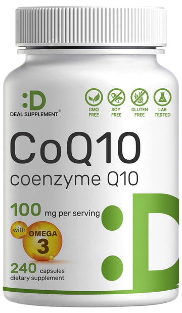CoQ10 100mg, 240 Capsules – with Omega 3 Fatty Acid 100mg – Bioavailable Coenzyme DEAL SUPPLEMENT uk supplements