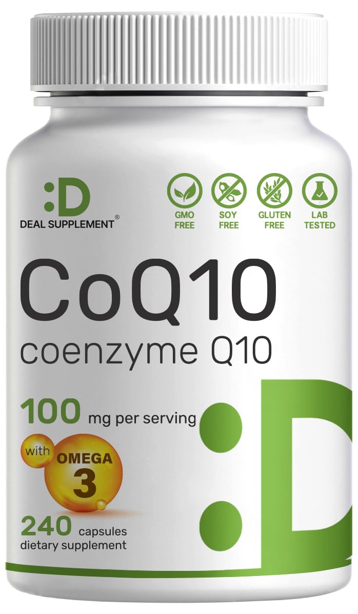 CoQ10 100mg, 240 Capsules – with Omega 3 Fatty Acid 100mg – Bioavailable Coenzyme DEAL SUPPLEMENT uk supplements