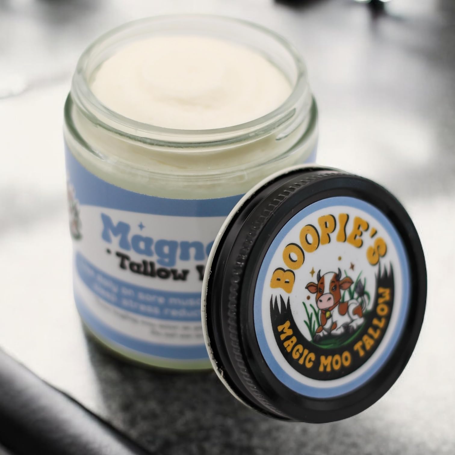 Magic Moo Magnesium Whipped Tallow Skincare for sore muscles, sleep, muscle and period cramps, stress, relaxation & more. Topical magnesium that works. Boopie's Magic Moo Tallow uk supplements