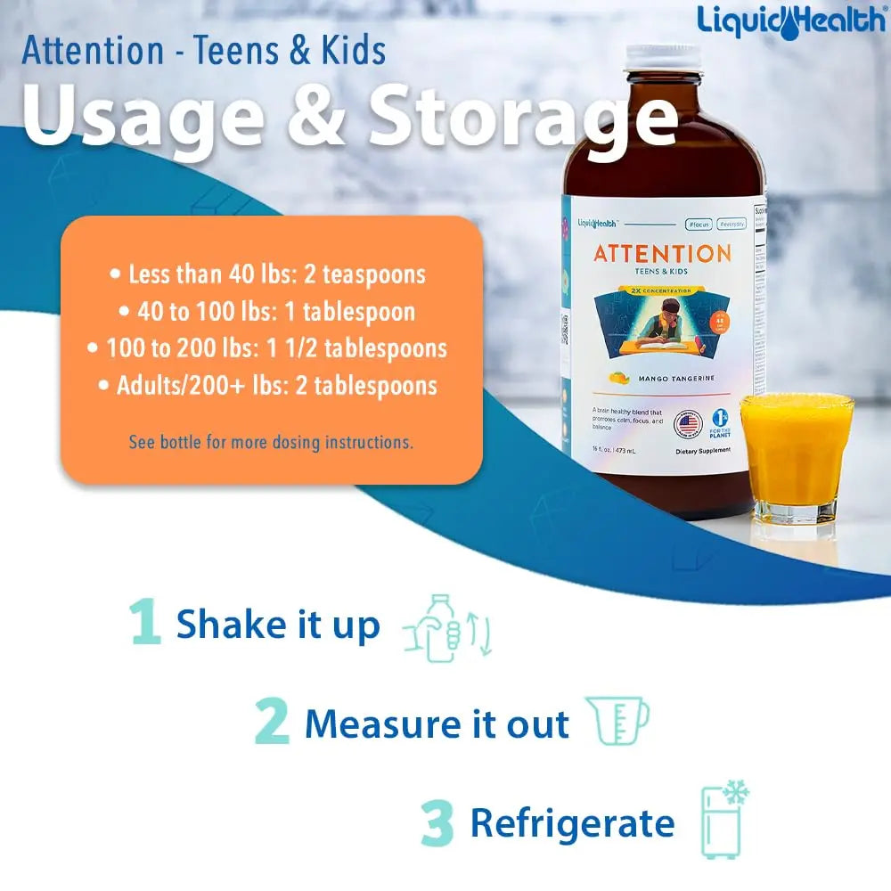 LIQUIDHEALTH Attention, Liquid Multivitamin for Kids & Teens - Improves Memory Retention, Concentration, Focus, Mood, Relaxation & Calming LIQUIDHEALTH uk supplements
