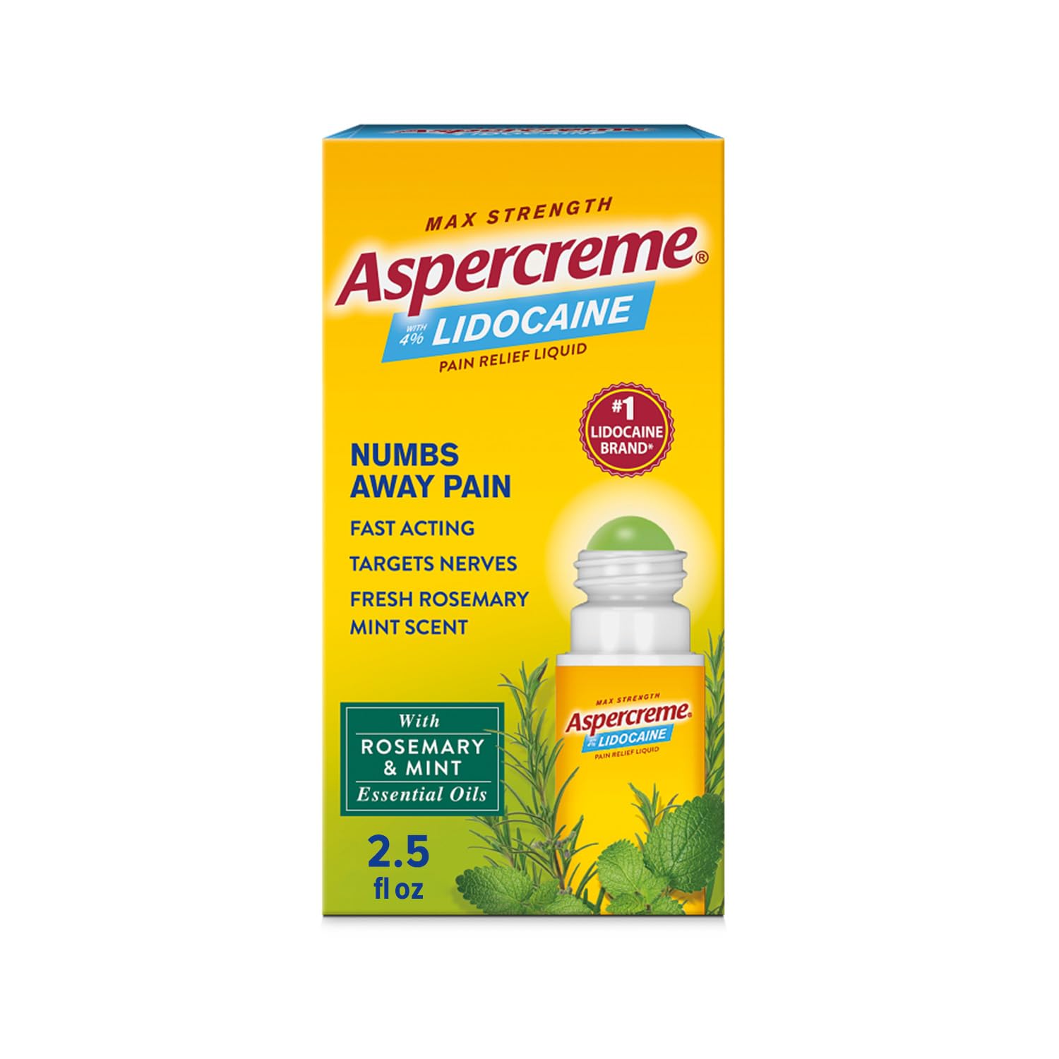 Aspercreme Essential Oils Lidocaine Pain Relief with No-Mess Roll-On Applicator, Max-Strength Lidocaine Numbs Away Nerve Pain, Moisturizing Aloe Hydrates Skin, Rosemary & Mint, 2.5 Oz. Aspercreme uk supplements